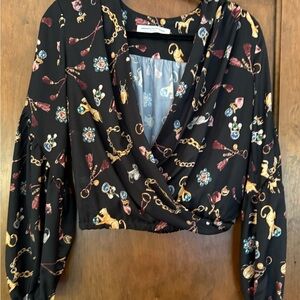 Elegant Black Floral Amanda Uprichard faux wrap Women's Top
